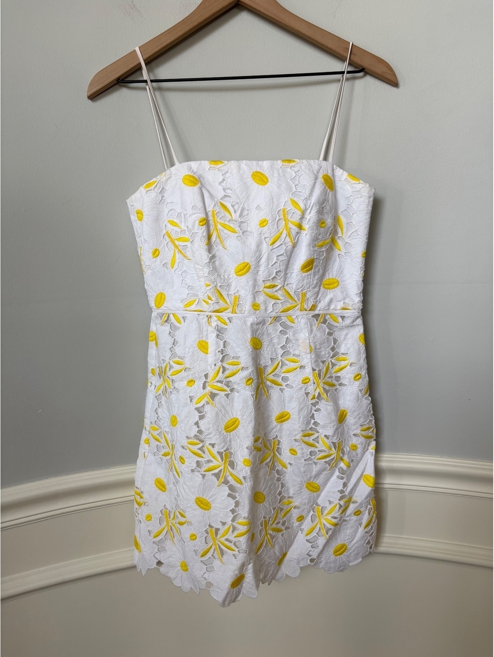 Milly Vintage Strapless Lemon Print Eyelet Cotton Mini Sundress White Yellow 2